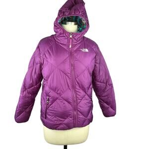 THE NORTH FACE Girl's Purple Blue Plaid Down Puffer Jacket Size XL Girl's 18 550